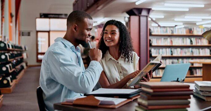 Man, woman and help in university library for research, education and knowledge with team project. Discussion, students reading and learning on campus with books, support and studying for scholarship
