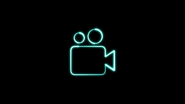 Neon glowing line video camera icon isolated on black background. Glowing neon camera icon animated background. Abstract symbol icon of digital camera.