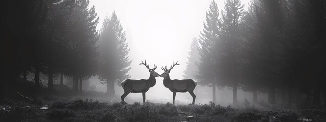 Mystical Moment Two Deer in a Foggy Forest Generative AI