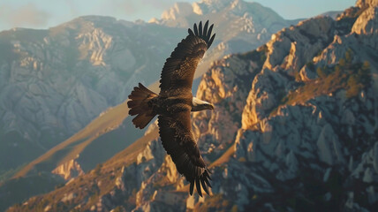Breathtaking ultra 4k, 8k photo of a majestic bald eagle soaring high above the rugged mountains, its wings outstretched  - Powered by Adobe