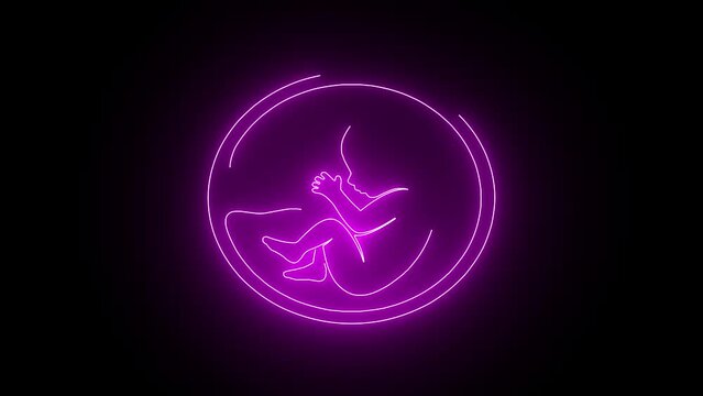 Glowing purple neon Human fetus inside the womb. Pregnancy fetal foetus development. Human embryo, stages of fetal development