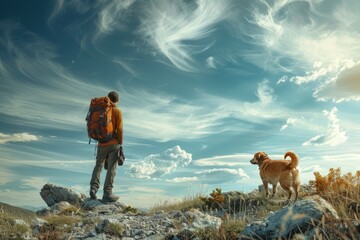 Hiking Adventure With Pet Under Cloud-Filled Sky