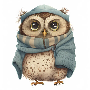 Owl in Winter Attire, Pensive, Wrapped in a Striped Scarf Illustration