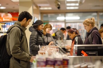 Fototapeta premium Busy Retail Checkout with Shoppers Lining Up