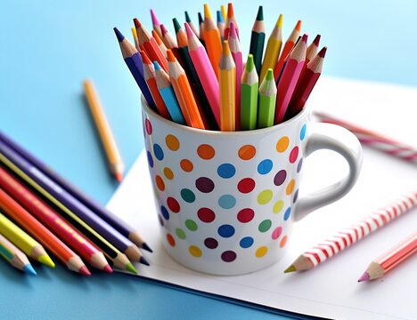 A white mug with colorful polka dots filled, holding many colored pencils on the table.