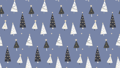 Blue Christmas pattern, scandi simple trees texture with golden stars and decorations. Vector holiday panoramic banner, wrapping paper - 777124608