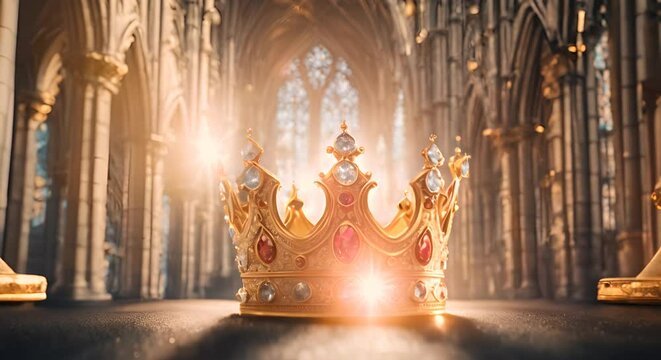 A gold royal king queen coronation crown with jewels and diamonds against a blurred gothic cathedral background with looped crystal and glass light leak overlays background image