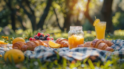 Vibrant picnic scene in a sunny garden with a checkered blanket, pastries, and lemonade