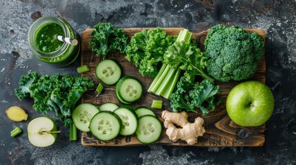 Fresh green juice and its ingredients artistically arranged on a wooden cutting board - obrazy, fototapety, plakaty