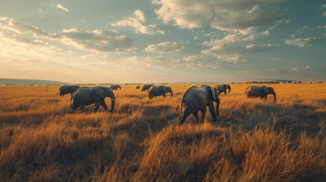 Captivating ultra 4k, 8k photo of a herd of elephants roaming the African plains, their graceful movements frozen in time, captured with remarkable clarity by an HD camera.