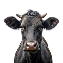 Portrait of a black cow isolated on transparent background.