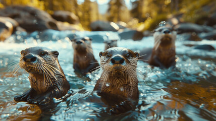 Captivating ultra 4k, 8k photo of a playful group of otters frolicking in a tranquil mountain stream, their sleek bodies and joyful expressions captured with stunning realism by an HD camera.