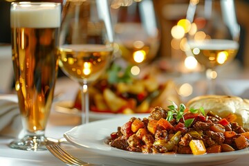 Elegant Dinner Setting with Beer and Wine, Gourmet Meat Dish and Cozy Restaurant Ambiance