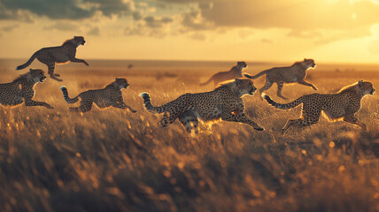 Captivating ultra 4k, 8k photo of a group of cheetahs sprinting across the open plains in pursuit of prey, their sleek bodies and lightning-fast movements - Powered by Adobe
