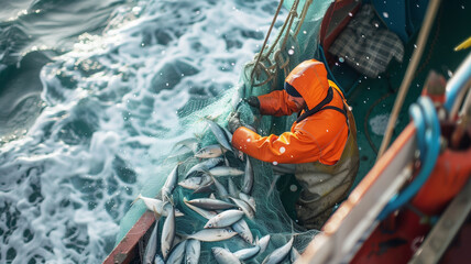 A fisherman on a trawler with a net full of fish. Commercial fishing in the sea. Work on a fishing boat