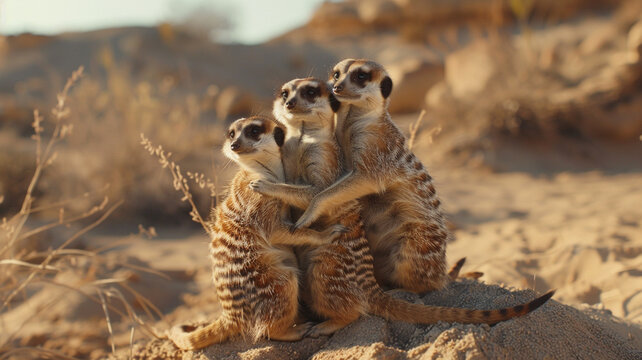 Enchanting ultra 4k, 8k photo of a family of meerkats huddled together in the desert sands, their curious expressions and playful antics captured with stunning realism by an HD camera.
