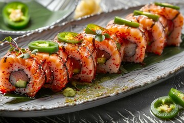 Gourmet Spicy Tuna Sushi Roll with Jalapeno and Sesame Seeds on Elegant Slate Plate