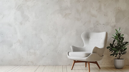 Gray light upholstered armchair on a light background. An example for a minimalist design presentation - obrazy, fototapety, plakaty