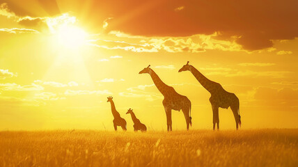 Enchanting ultra 4k, 8k photo of a family of giraffes silhouetted against the setting sun on the African savanna, their graceful forms casting long shadows across the golden grasslands,
