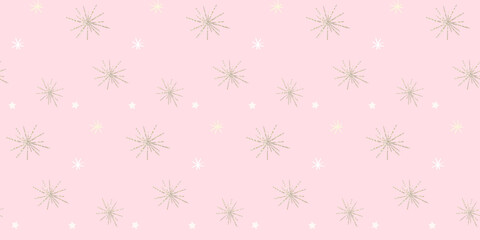 Golden sparklers and sparks ob pastel pink background. Cute wrapping paper print, birthday vector texture