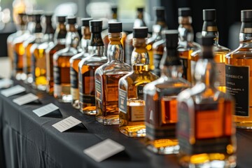 Artisanal Whisky Assortment on Display, Urban Event Background