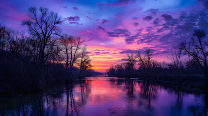 Fototapeta na wymiar Twilight Serenity: A Tranquil Evening Landscape of River, Sky, and Silhouetted Trees