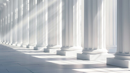 Mockup for advertising clothes. Row of marble columns with shadows on the floor - obrazy, fototapety, plakaty
