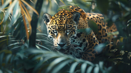 Majestic ultra 4k, 8k photo of a lone jaguar prowling through the dense undergrowth of the Amazon rainforest, its powerful muscles rippling beneath its spotted coat, captured with breathtaking - obrazy, fototapety, plakaty