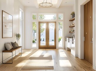Beautiful modern home entryway with light wood floors and white walls