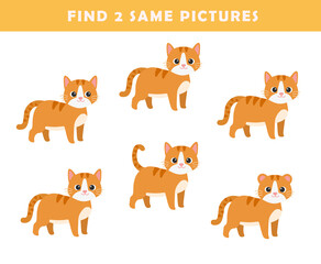 Obraz na płótnie Canvas Find 2 same pictures. Puzzle game for children. Preschool worksheet activity for kids. Educational game with cute cat illustration. 
