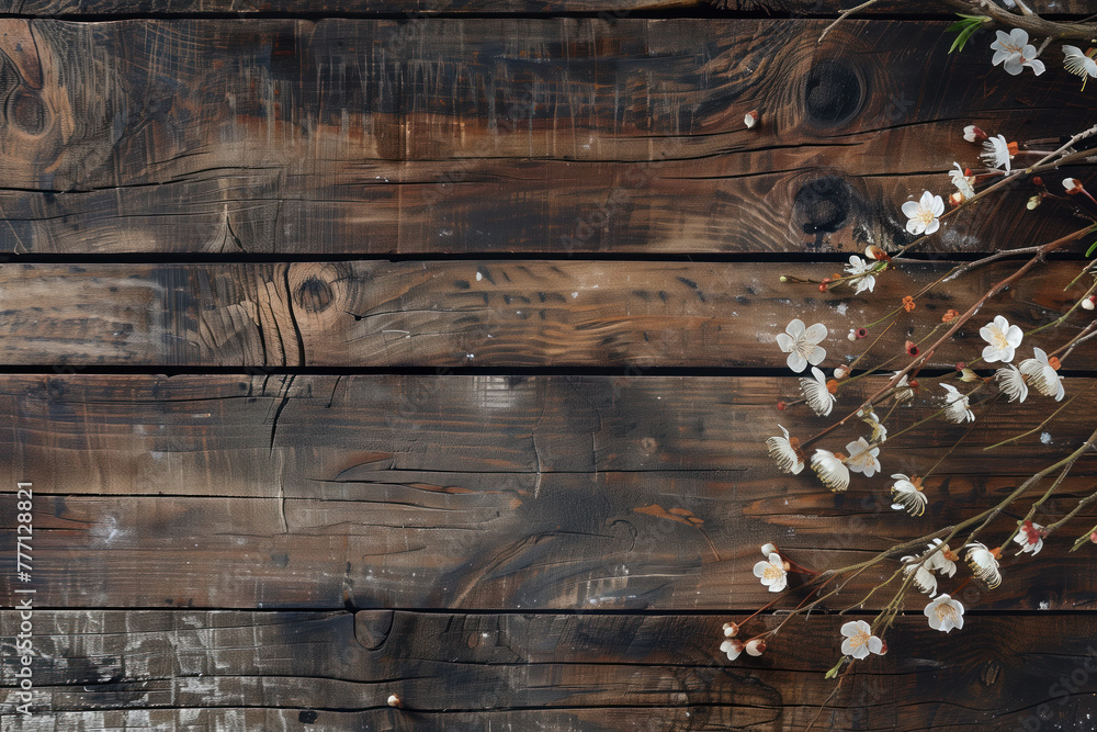 Poster beautiful framing of leaves and flowers on a wooden background with space for text. background image