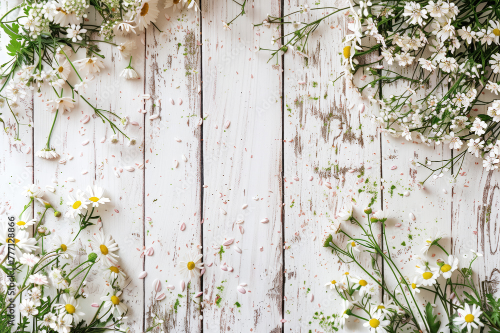 Poster beautiful framing of leaves and flowers on a wooden background with space for text. background image