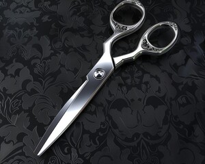 Shiny silver scissors on a matte black wallpaper, sleek and functional contrast, modern elegance 