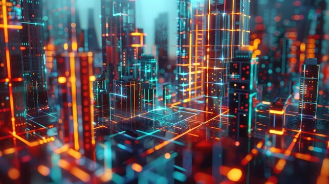 Small particles building into the city's structure, the contemporary city complex,Rendering Abstract Night city. 3D illustration. Night view of the city. Cityscape in Neon lights