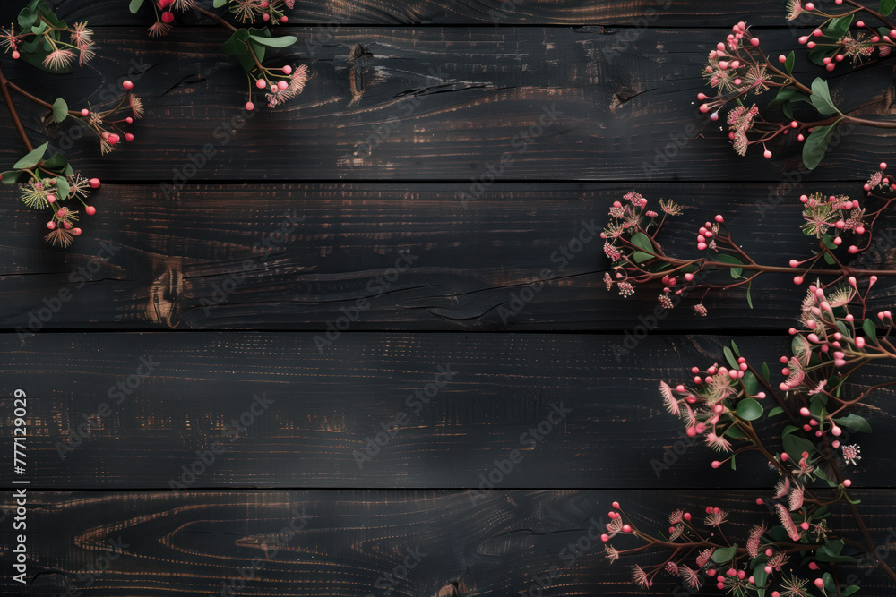 Poster beautiful framing of leaves and flowers on a wooden background with space for text. background image