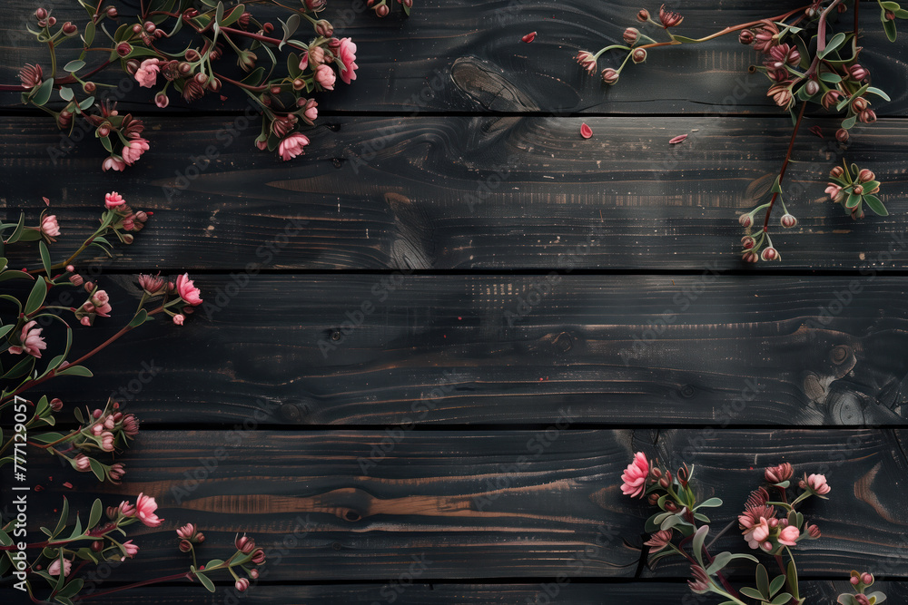 Poster beautiful framing of leaves and flowers on a wooden background with space for text. background image