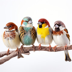 Fototapeta premium colorful sparrows sitting on branch isolated on white background сreated with Generative Ai
