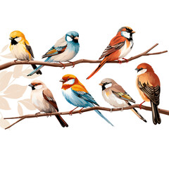 Fototapeta premium colorful sparrows sitting on branch isolated on white background сreated with Generative Ai
