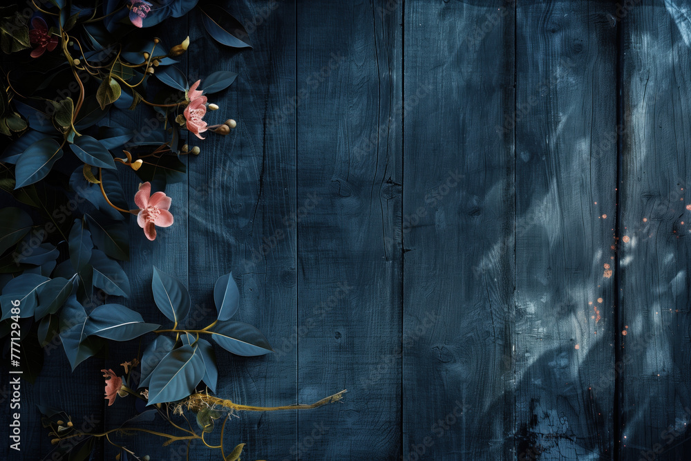 Poster beautiful framing of leaves and flowers on a wooden background with space for text. background image