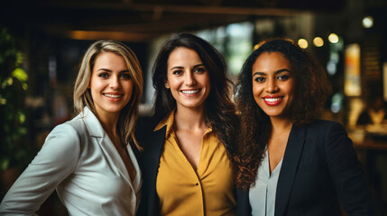 three happy colleagues or friends or group or team, women 30 years old or 40, intercultural multiracial and caucasian, smiling in a good mood, in the office