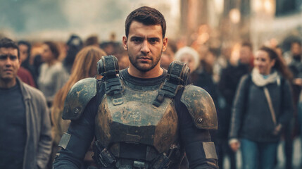 soldier with heavy body armor suit,  fictional happening - obrazy, fototapety, plakaty