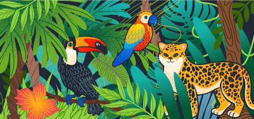 Naklejka premium Jungle tropical illustration. Forest animal, pattern summer. Abstract background. Toucan drawing, different parrot, colorful, bird, cute cheetah. Funny rainforest creatures. Vector cute art doodle