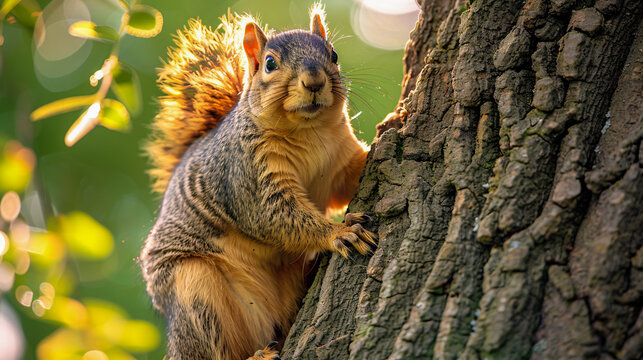 Cute squirrel in the green forest, curious rodent with fluffy tail, a portrait of wildlife