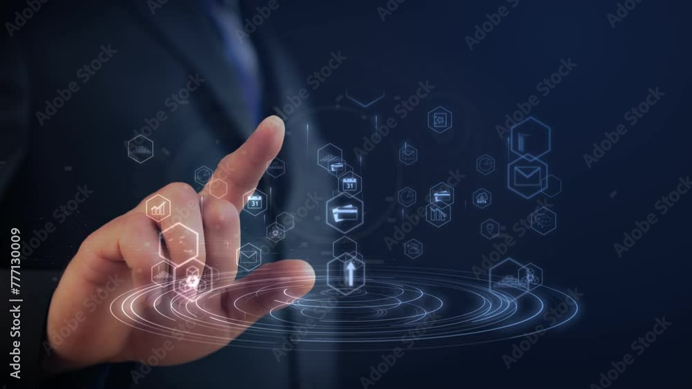 Poster circular movement of lines above which move hexagonal icons with symbols of digitalization of modern