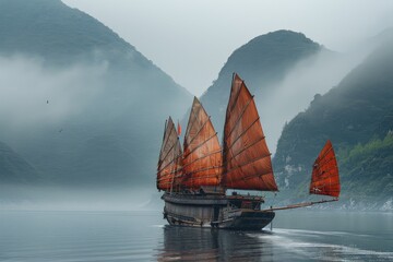 Ancient Chinese junk boat on the Yangtze River, emphasizing its elegant structure and the timeless beauty of the surrounding scenery.