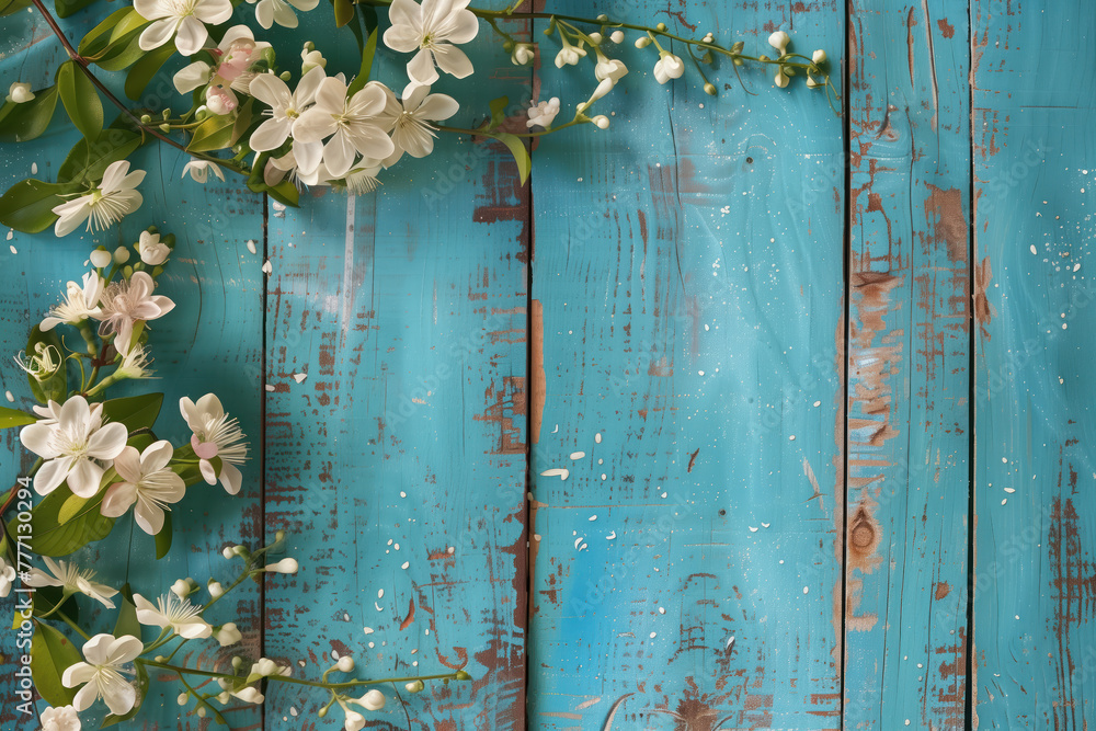 Poster beautiful framing of leaves and flowers on a wooden background with space for text. background image