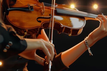 Musicians hands playing violin, soft stage light, closeup, expressive performance - obrazy, fototapety, plakaty