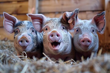 Three Piglets in a Hay Bed, Expressing Joy and Contentment Generative AI