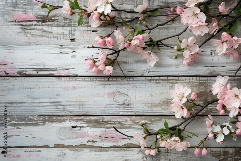 Poster beautiful framing of leaves and flowers on a wooden background with space for text. background image