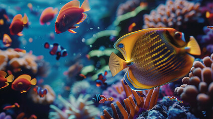 Mesmerizing ultra 4k, 8k photo of a colorful school of tropical fish swimming among vibrant coral reefs in a pristine underwater paradise, their iridescent scales